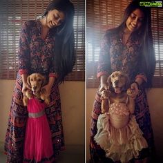 two pictures of a woman holding three dogs