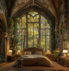 a large bedroom with an arched window and wooden flooring is furnished with natural materials