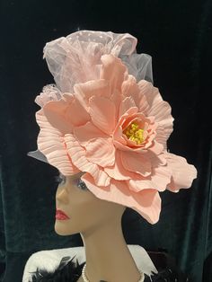 Ready to ship today from Tennessee, USA,  I ship quickly and package safely in boxes. See more beautiful choices at my Etsy Shop at https://www.etsy.com/shop/equineelan    This lightweight and gorgeous hat is a "fascinator hat" that attaches to your head with elastic. The FLOWER is blush pink. The Tulle Ribbon is blush Pink.  The Flower measures a full 12" x 12". The hat is larger with bow and Accent flowers.     This hat attaches with an elastic band that goes behind your ears and under your ha Pink Peach Wedding, Flower Tea Party, Blush Pink Fascinator, Autumn Hat, Accent Flowers, Tulle Ribbon, Pink Fascinator, Tulle Bow, Flower Fascinator