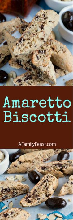 an image of some cookies with chocolate chips on them and the words amarretto biscotti above it