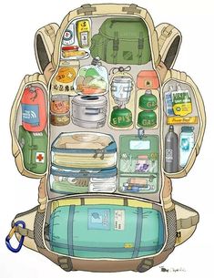 an illustration of a back pack filled with items