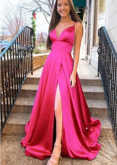 MC144,Spaghetti straps a-line prom dress,satin evening dresses formal gown · More Cheer Dress · Online Store Powered by Storenvy Graduate Dress, Bougainvillea Wedding, Pink Week, Hot Pink Prom Dress, Neon Prom Dresses, Vestido Pink, Below The Knee Dresses, Prom Dresses Long Pink, V Neck Prom Dresses