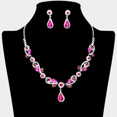 Fuchsia Teardrop and Rhinestone Floral Pageant Necklace Set | Special Event Jewelry Pink Jeweled Rhinestone Necklace For Party, Pink Rhinestone Jewelry Set For Party, Elegant Pink Rhinestone Jewelry Set, Pink Jewelry Sets For Valentine's Day Party, Pink Jeweled Jewelry Sets For Party, Pink Crystal Jewelry Sets With Rhinestones, Elegant Jeweled Pink Jewelry Sets, Elegant Pink Jeweled Jewelry Set, Teardrop Pink Rhinestone Jewelry