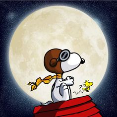 a cartoon dog on top of a roof looking at the moon