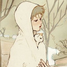 a drawing of a boy holding a cat in his arms and looking at the ground