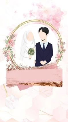 a man and woman standing next to each other in front of a pink flower frame