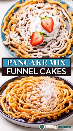 Close-up of a golden funnel cake made with pancake mix, dusted with powdered sugar and topped with whipped cream and fresh strawberry slices on a blue plate.