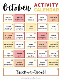 the october activity calendar with words and pictures