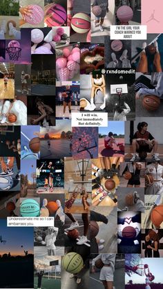 a collage of photos with different sports related items on them, including basketballs