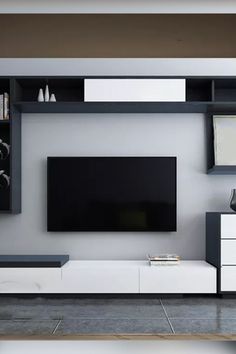 modern living room with white and black entertainment center, large flat screen tv on the wall