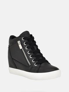 Free shipping and easy returns on Guess Factory Darynna High-Top Sneakers. Darynna High-Top Sneakers Black Lace Shoes, Converse Outfits, Hidden Wedge Sneakers, Wedge Trainers, Black Lace Up Shoes, Black Wedge Sneakers, Shoes Sneakers Black, Tenis Vans, Shiny Shoes