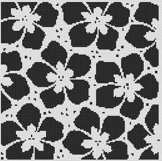 a cross stitch pattern with black and white flowers on the bottom, one flower has four petals