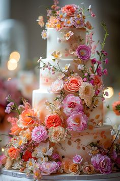 a wedding cake with flowers on it is sitting on a table in front of candles