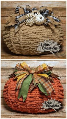 two pumpkins with bows and ribbons on them, one is made out of yarn