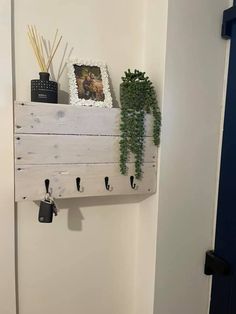 a wooden shelf with hooks and plants on it