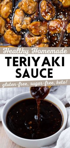 the recipe for teriyaki sauce is being drizzled with sesame seeds