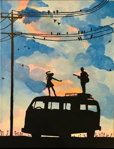 an acrylic painting of two people on top of a van with birds in the sky