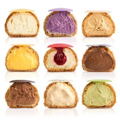 an assortment of sandwiches with different colored toppings on them, including peanut butter and jelly