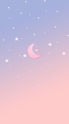 a pink and blue sky with stars and a crescent moon in the foreground that has a heart on it