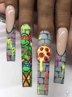 Turtle Nail Art, Turtle Nails, Bday Nails, Cute Acrylic Nail Designs, Vibrant Nails, Coffin Shape Nails, Crazy Nails