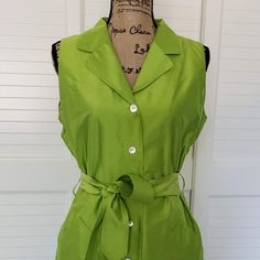 -New With Tags -(Always Been In A Protective Wardrobe Bag) -Flattering On, Classic Shirt Dress Style -Mid Length -2 Side Pockets -Tie Strap/Hoops -Color: Lime Green -100% Silk, High Quality Thick Fabric -Nonsmoking No Pets Household Spring Casual Sleeveless Collared Dress, Summer Green Sleeveless Dress For Formal Events, Green Sleeveless Dress For Formal Summer Occasions, Green Sleeveless Dress For Formal Summer Events, Formal Green Sleeveless Dress For Summer, Green Belted Sleeveless Dress, Spring Sleeveless Tie Waist Work Dress, Sleeveless Green Belted Dress, Sleeveless Dress With Tie Waist For Spring Workwear