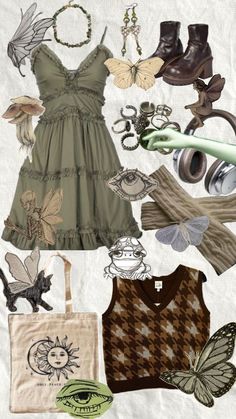 an assortment of clothing and accessories displayed on a piece of white paper with butterfly wings