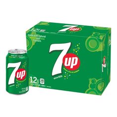 seven up soda can and box with the number seven on it's front side