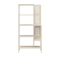 a white bookcase with holes on the front and bottom shelves, against a white background