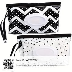 two black and white purses with polka dots on the bottom, one has a plate in it