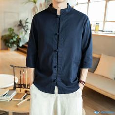 OrcaJump - Vintage Stand Collar Shirt with Button Detail. Best Online Dress Stores, Quater Sleeve, Chinese Shirt, Three Quarter Sleeve Shirt, Harajuku Shirt, Womens Clothing Websites, Mandarin Collar Shirt, Stand Collar Shirt, Collar Shirt Men