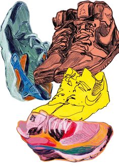 three pairs of shoes with different colors and sizes are shown in this drawing by hand