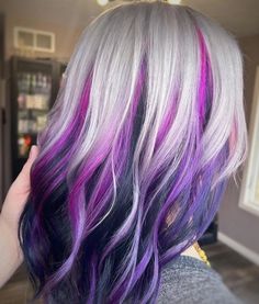 Purple Hair With Blonde Highlights, Blonde With Purple Highlights, Hair With Feathers, Purple Highlights Blonde Hair, Crazy Colour Hair Dye, Purple Blonde Hair, Hair Shaping, Purple Blonde, Purple Hair Highlights