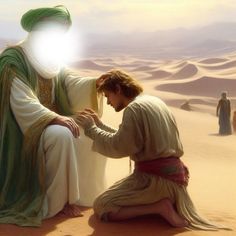 a man kneeling down next to another man in the desert with his hand on his knee