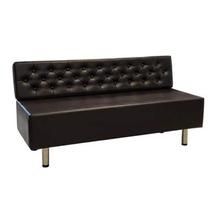 a black leather couch sitting on top of a metal frame