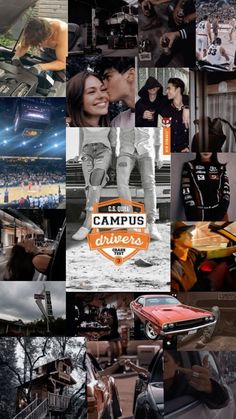 the collage shows many different pictures and people in their cars, including an orange car