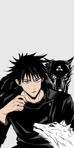 an anime character with black hair and a cat on his shoulder, sitting next to him