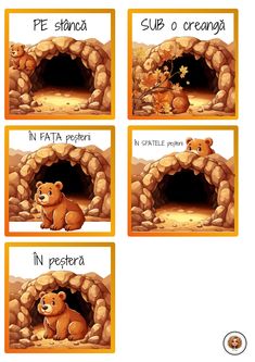 four pictures with different animals in the same cave, and one has an animal on it's back