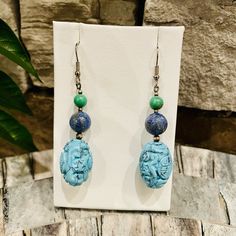 Handmade Earrings Genuine Turquoise Beautiful Chinese Carvings Called Longevity Beads Genuine Lapis Lazuli Silver Plated Beads All Vintage Beads Handmade With Love And Blessings Item Er-21 Michael Kors Earrings, White Topaz Earrings, White Flower Earring, Akoya Pearl Earrings, Bottle Earrings, Lapis Lazuli Earrings, Evil Eye Earrings, Vintage Beads, Crystal Chain