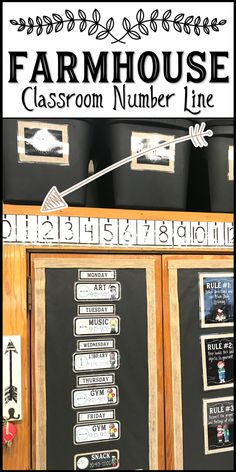 a blackboard with numbers and arrows on it in front of a sign that says farmhouse classroom number line