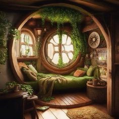 an image of a living room that looks like a hobbot with plants growing on it