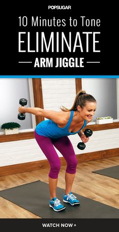 a woman is doing exercises with dumbbells in front of her and the words 10 minutes to tone eliminate arm juggle