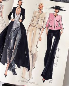 three fashion sketches of women in evening dresses and jackets