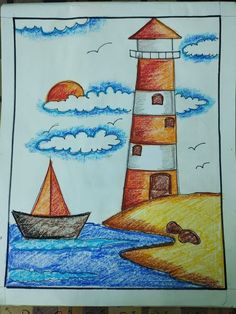 a drawing of a lighthouse with a boat in the water