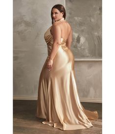 Fantasize a night of eloquent style and poise in this stunning gold plus size evening gown. This sleeveless style showcases a pleated bodice and halter plunging V-neckline that exudes elegance. Crafted from luxurious satin, and the backless design lets you show a glance of skin. An asymmetrical wide band effortlessly defines your waist for a cinched-in look. The sheath skirt accentuates your natural curves and streams to the sweeping train, finished off with a thigh-high leg slit and dramatic si Plus Size Satin Dress With Sleeves, Anna Krylova, Satin Halter Dress, Backless Gown, Long Halter Dress, Honey Rose, Sheath Skirt, Cinderella Divine, Plunge Dress