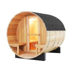 the inside of a wooden barrel sauna