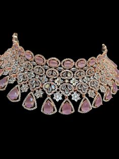 Pink Silver Diamond Indian Choker/rose Gold Diamond Choker - Etsy Pink And Silver Indian Jewelry, Bollywood Style Choker For Reception Hand Set, Bollywood Style Bridal Choker For Reception, Bollywood Style Bridal Choker Necklace For Reception, Diamond Choker Bridal Necklace For Wedding, Festive Rose Gold Bridal Necklace For Wedding, Rose Gold Chandbali Wedding Jewelry, Rose Gold Chandbali Jewelry For Wedding, Traditional Rose Gold Bridal Necklace With Hand Set