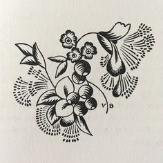 a black and white drawing of flowers on a piece of paper with the letter b in it