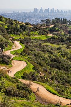 two people riding bikes on a dirt road in the hills above a city skyline with tall buildings