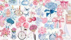 a watercolor painting of pink and blue flowers, perfume bottles, and other items