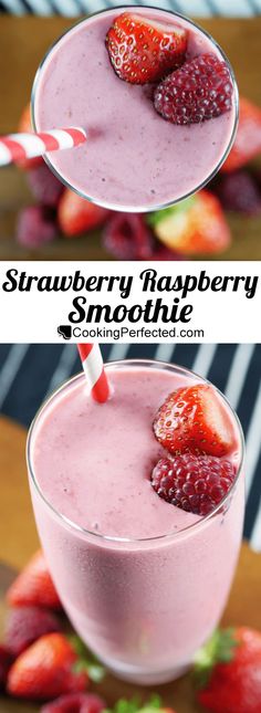 strawberry raspberry smoothie in a glass with strawberries on the side and another photo